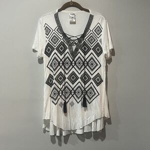 Vocal USA Tunic Shirt Women's Medium White Black Geometric Rhinestone Embroidery